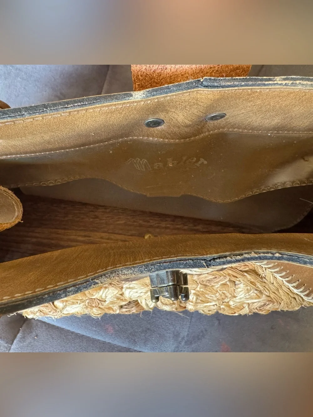 Vintage Rare Mahler California Brown Leather Wood Floral Handbag